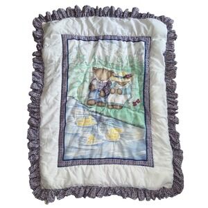 Vintage Blanket Play Mat Quilted Teddy Bear Duck Pond Ruffle Trim‎ 33x42